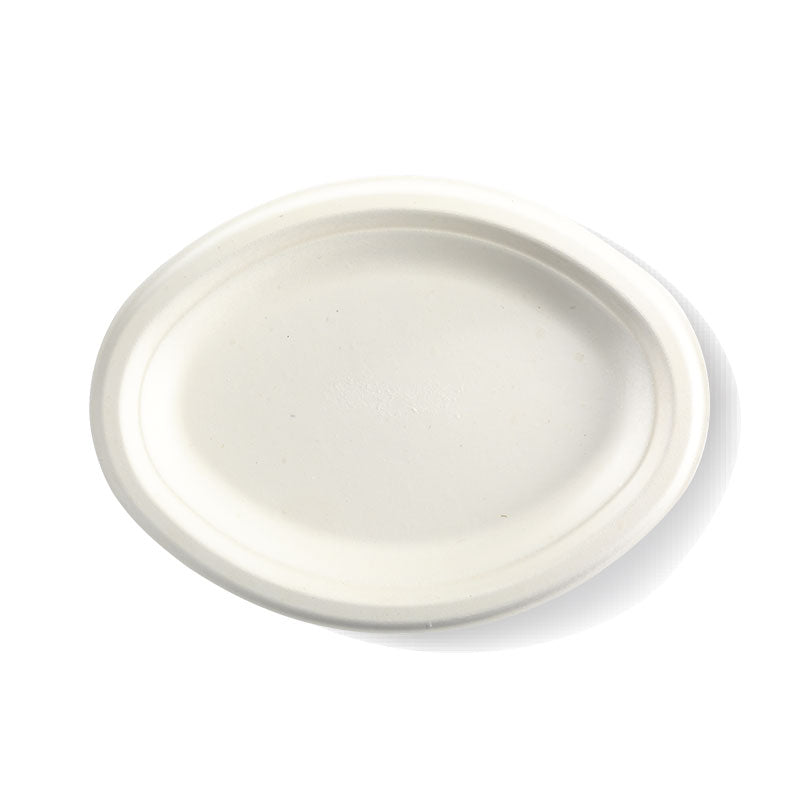 Small Oval Sugarcane Plate - White, 10.25x7.75 inches (Box of 500) from BioPak. Compostable, made out of Sugarcane and sold in boxes of 1. Hospitality quality at wholesale price with The Flying Fork!