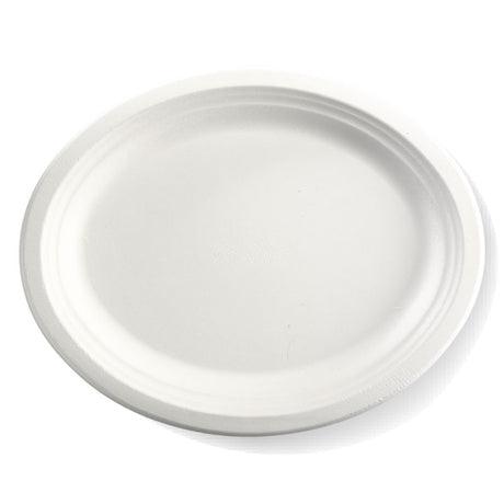 Medium Oval Sugarcane Plate - White, 12.5x10 inches (Box of 500) from BioPak. Compostable, made out of Sugarcane and sold in boxes of 1. Hospitality quality at wholesale price with The Flying Fork!
