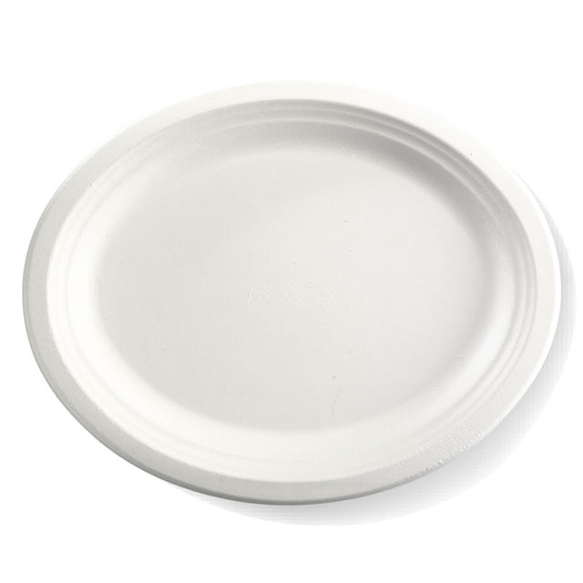 Medium Oval Sugarcane Plate - White, 12.5x10 inches (Box of 500) from BioPak. Compostable, made out of Sugarcane and sold in boxes of 1. Hospitality quality at wholesale price with The Flying Fork!