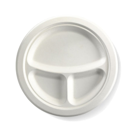 3 Compartment Round Sugarcane Plate - White, 9 inches (Box of 500) from BioPak. Compostable, made out of Sugarcane and sold in boxes of 1. Hospitality quality at wholesale price with The Flying Fork!