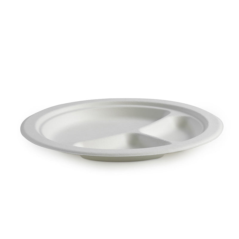23cm (9") 3 compartment round plates - white - Carton of 500 units