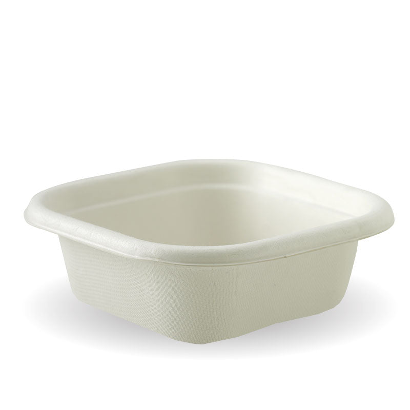 Small Square Sugarcane Container - White, 280ml (Box of 600) from BioPak. Compostable, made out of Sugarcane Pulp and sold in boxes of 1. Hospitality quality at wholesale price with The Flying Fork!