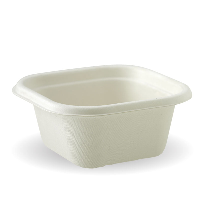 Medium Square Sugarcane Container - White, 480ml (Box of 600) from BioPak. Compostable, made out of Sugarcane Pulp and sold in boxes of 1. Hospitality quality at wholesale price with The Flying Fork!