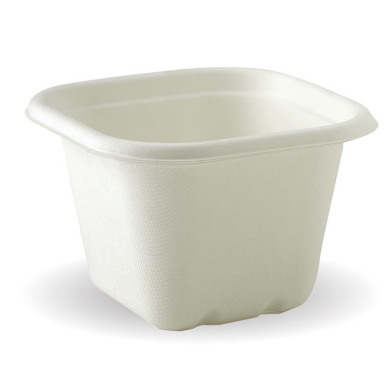 Large Square Sugarcane Container - White, 630ml (Box of 600) from BioPak. Compostable, made out of Sugarcane Pulp and sold in boxes of 1. Hospitality quality at wholesale price with The Flying Fork!