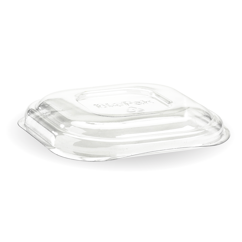 Lid to fit Square Sugarcanne Containers - Clear (Box of 600) from BioPak. Compostable, made out of PET Plastic and sold in boxes of 1. Hospitality quality at wholesale price with The Flying Fork!