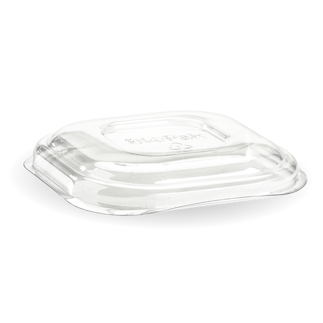 Lid to fit Square Sugarcanne Containers - Clear (Box of 600) from BioPak. Compostable, made out of PET Plastic and sold in boxes of 1. Hospitality quality at wholesale price with The Flying Fork!