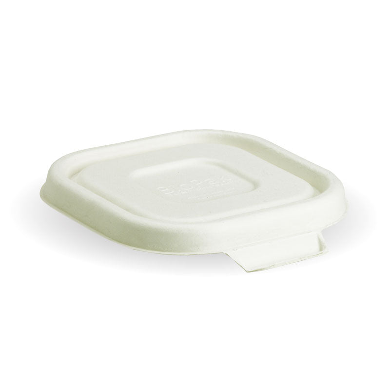 Lid to fit Square Sugarcanne Containers - White (Box of 600) from BioPak. Compostable, made out of Sugarcane Pulp and sold in boxes of 1. Hospitality quality at wholesale price with The Flying Fork!