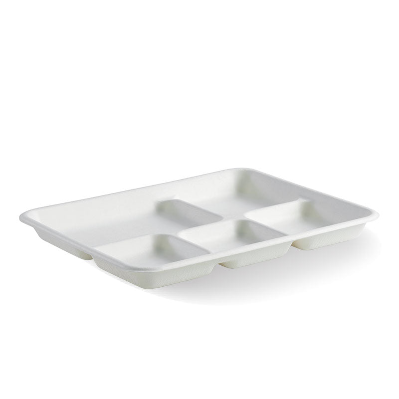 Biopak 5 Compartment Sugarcane Tray - White, 260x209x25mm (Box of 500) from BioPak. Compostable, made out of Sugarcane and sold in boxes of 1. Hospitality quality at wholesale price with The Flying Fork!