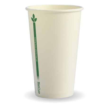 Biocup Single Wall - White with Green Line, 12oz, 80mm (Box of 1000) from BioPak. Compostable, made out of Paper and Bioplastic and sold in boxes of 1. Hospitality quality at wholesale price with The Flying Fork! 