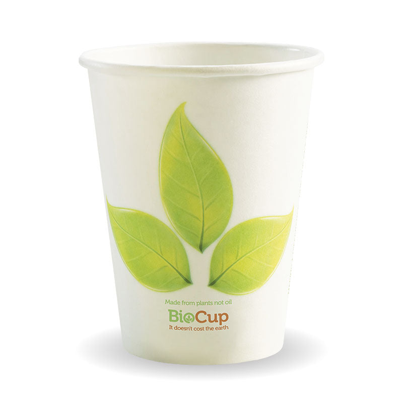 Biocup Single Wall - Leaf Print, 12oz (Box of 1000) from BioPak. Compostable, made out of Paper and Bioplastic and sold in boxes of 1. Hospitality quality at wholesale price with The Flying Fork!