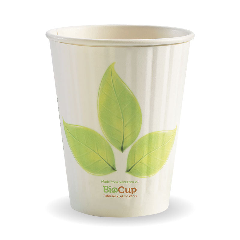 Biocup Double Wall - Leaf Print, 12oz (Box of 1000) from BioPak. Compostable, made out of Paper and Bioplastic and sold in boxes of 1. Hospitality quality at wholesale price with The Flying Fork!
