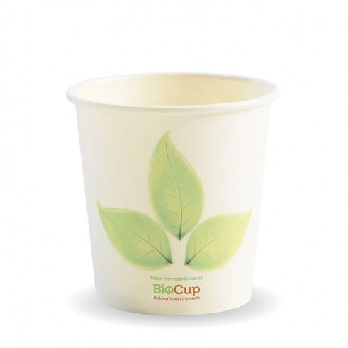 Biocup Single Wall - Leaf Print, 4oz (Box of 2000) from BioPak. Compostable, made out of Paper and Bioplastic and sold in boxes of 1. Hospitality quality at wholesale price with The Flying Fork!