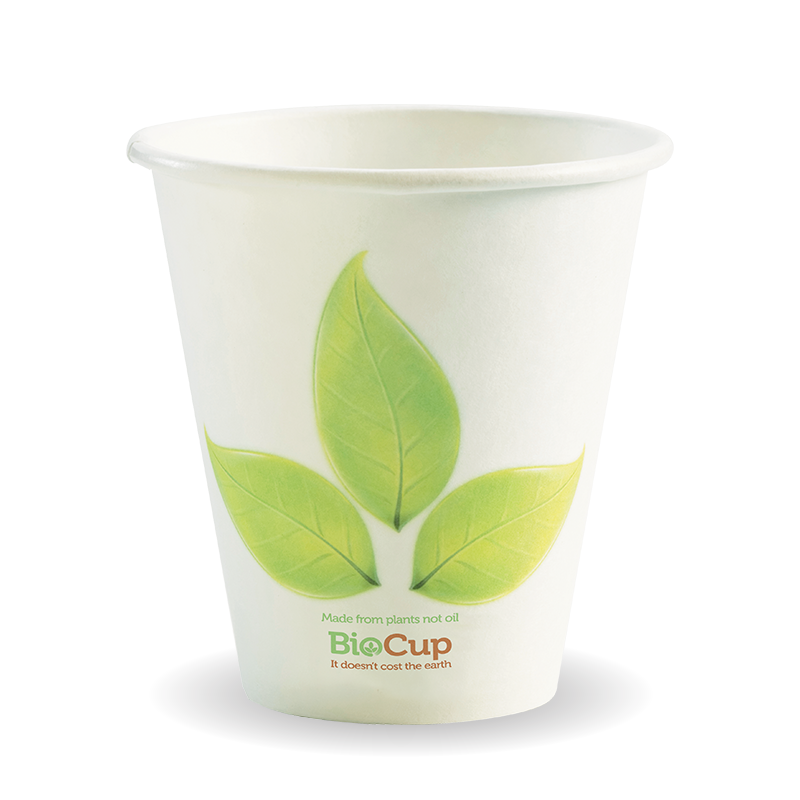 Biocup Single Wall - Leaf Print, 8oz, 90mm (Box of 1000) from BioPak. Compostable, made out of Paper and Bioplastic and sold in boxes of 1. Hospitality quality at wholesale price with The Flying Fork!