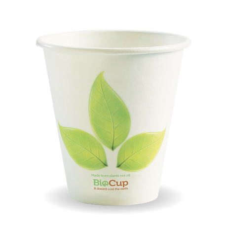 Biocup Single Wall - Leaf Print, 8oz, 90mm (Box of 1000) from BioPak. Compostable, made out of Paper and Bioplastic and sold in boxes of 1. Hospitality quality at wholesale price with The Flying Fork!