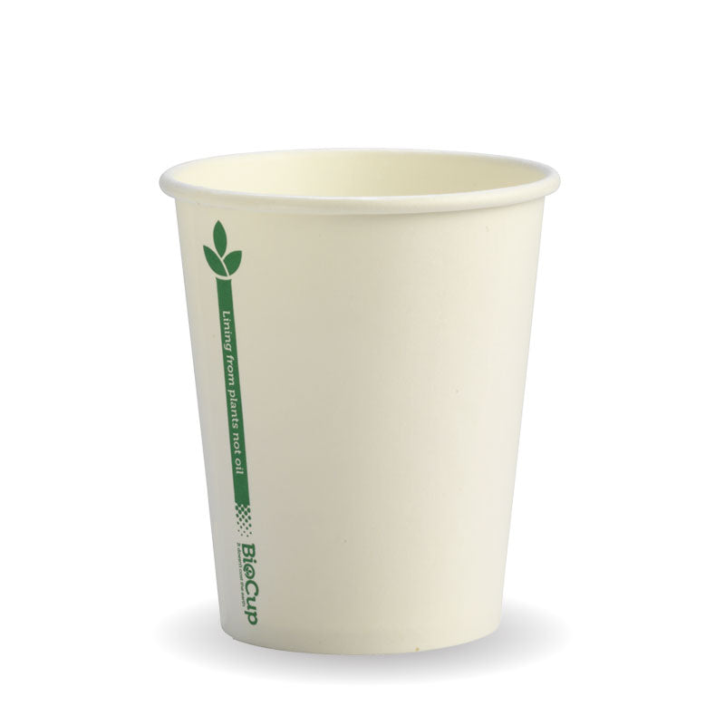 Biocup Single Wall - White with Green Line, 8oz (Box of 1000) from BioPak. Compostable, made out of Paper and Bioplastic and sold in boxes of 1. Hospitality quality at wholesale price with The Flying Fork!