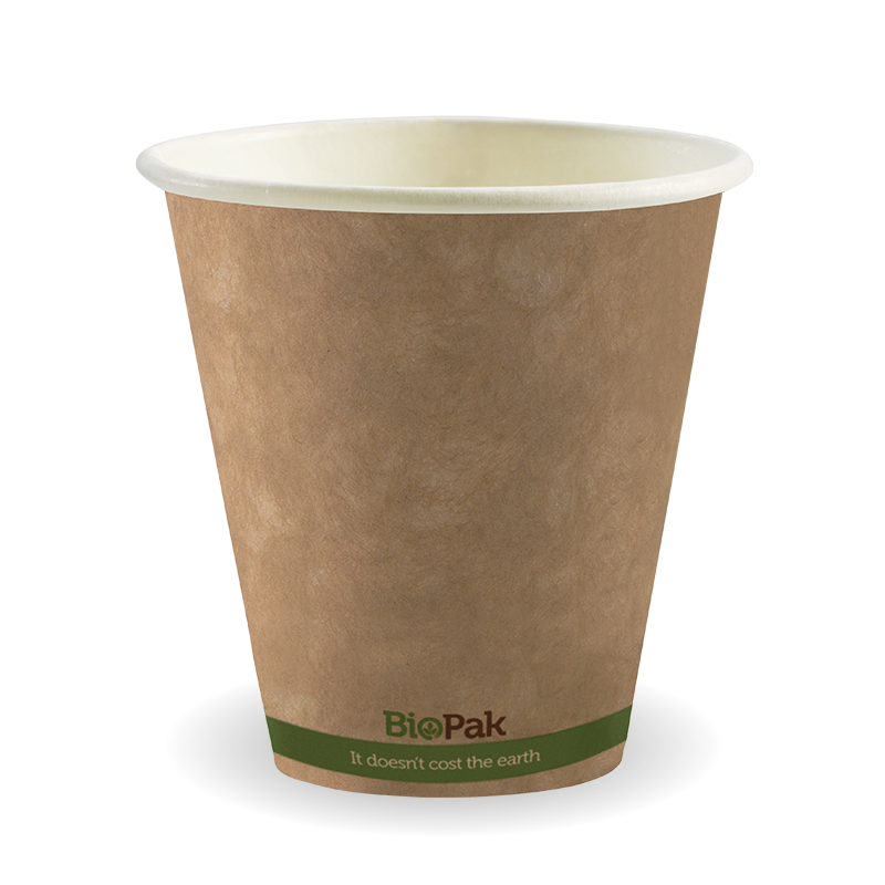 Biocup Single Wall - Kraft with Green Stripe, 8oz, 90mm (Box of 1000) from BioPak. Compostable, made out of Paper and Bioplastic and sold in boxes of 1. Hospitality quality at wholesale price with The Flying Fork!