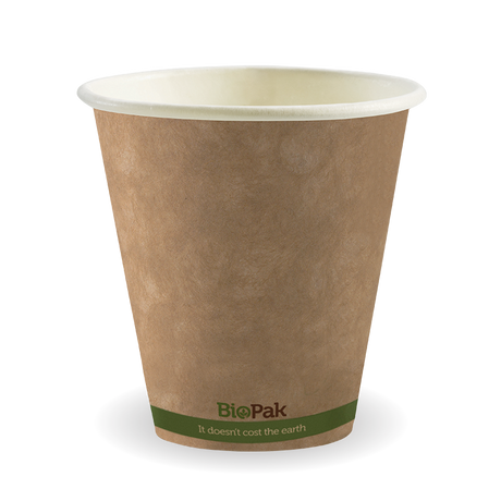 Biocup Single Wall - Kraft with Green Stripe, 8oz, 90mm (Box of 1000) from BioPak. Compostable, made out of Paper and Bioplastic and sold in boxes of 1. Hospitality quality at wholesale price with The Flying Fork!
