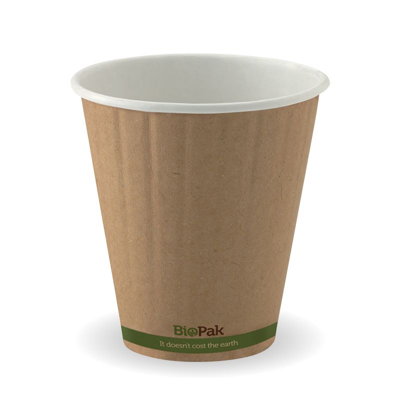 Biocup Double Wall - Kraft with Green Stripe, 8oz, 90mm (Box of 1000) from BioPak. Compostable, made out of Paper and Bioplastic and sold in boxes of 1. Hospitality quality at wholesale price with The Flying Fork!