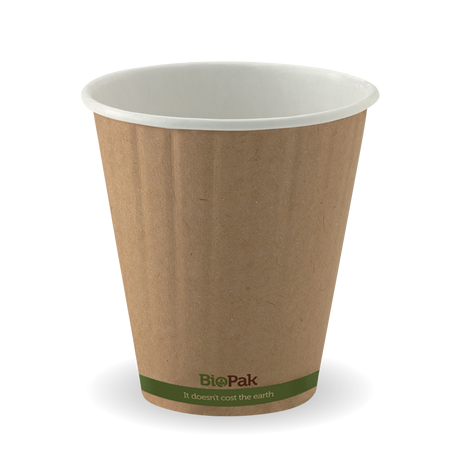 Biocup Double Wall - Kraft with Green Stripe, 8oz, 90mm (Box of 1000) from BioPak. Compostable, made out of Paper and Bioplastic and sold in boxes of 1. Hospitality quality at wholesale price with The Flying Fork!