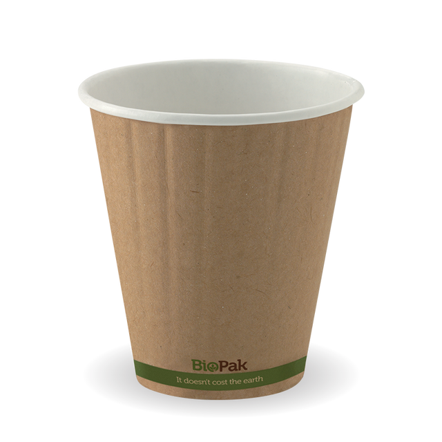 Biocup Double Wall - Kraft with Green Stripe, 8oz, 90mm (Box of 1000) from BioPak. Compostable, made out of Paper and Bioplastic and sold in boxes of 1. Hospitality quality at wholesale price with The Flying Fork!