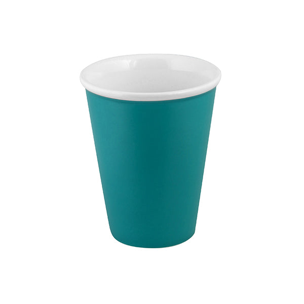 A medium sized aqua coloured Latte Cup with a white interior presented on a white background