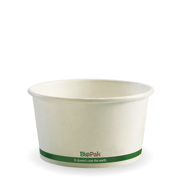 Biobowl - White with Green Stripe, 12oz (Box of 500) from BioPak. Compostable, made out of Paper and Bioplastic and sold in boxes of 1. Hospitality quality at wholesale price with The Flying Fork!