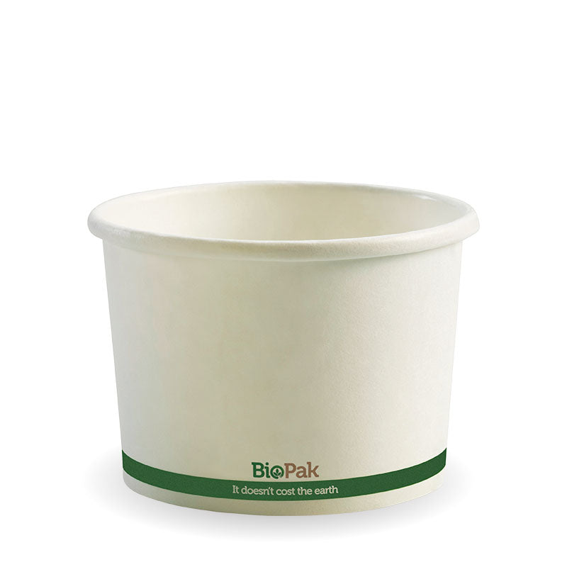 Biobowl - White with Green Stripe, 16oz (Box of 500) from BioPak. Compostable, made out of Paper and Bioplastic and sold in boxes of 1. Hospitality quality at wholesale price with The Flying Fork!