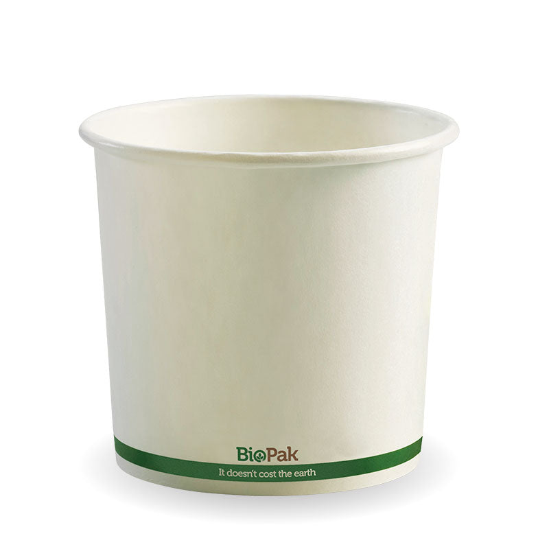 Biobowl - White with Green Stripe, 24oz (Box of 500) from BioPak. Compostable, made out of Paper and Bioplastic and sold in boxes of 1. Hospitality quality at wholesale price with The Flying Fork!