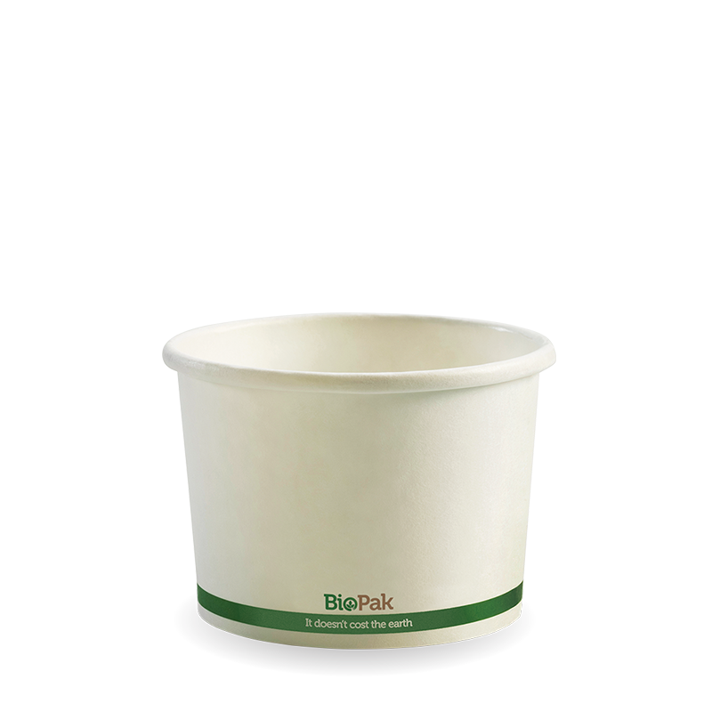 Biobowl - White with Green Stripe, 8oz (Box of 1000) from BioPak. Compostable, made out of Paper and Bioplastic and sold in boxes of 1. Hospitality quality at wholesale price with The Flying Fork!