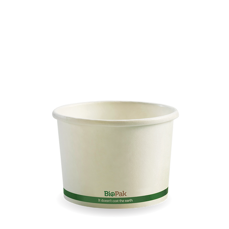 Biobowl - White with Green Stripe, 8oz (Box of 1000) from BioPak. Compostable, made out of Paper and Bioplastic and sold in boxes of 1. Hospitality quality at wholesale price with The Flying Fork! 