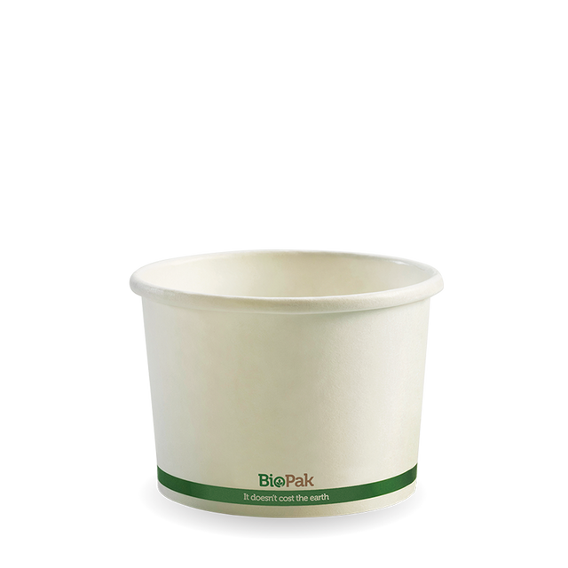 Biobowl - White with Green Stripe, 8oz (Box of 1000) from BioPak. Compostable, made out of Paper and Bioplastic and sold in boxes of 1. Hospitality quality at wholesale price with The Flying Fork!