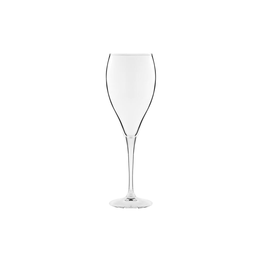 A clear champagne flute with a long stem on a white background.