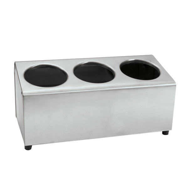 3 hole cutlery holder in stainless steel with a white background