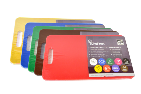 Set Of 5 Coloured Polypropylene Cutting Boards With Handles - 250x400x12mm from Chef Inox. made out of Polypropylene and sold in boxes of 1. Hospitality quality at wholesale price with The Flying Fork!