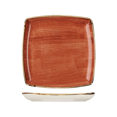Deep Square Plate - 268mm, Spiced Orange, Stonecast from Churchill. Vitrified, made out of Porcelain and sold in boxes of 3. Hospitality quality at wholesale price with The Flying Fork!