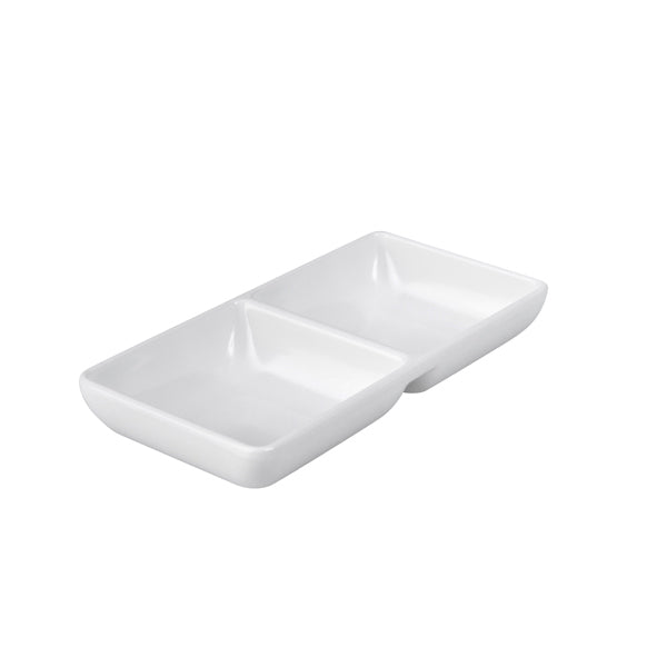 Divided Sauce Dish - White, 100 x 75mm from Ryner Melamine. Sold in boxes of 12. Hospitality quality at wholesale price with The Flying Fork!