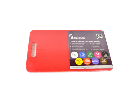 Polypropylene Cutting Board With Handle - 230x380x12mm, Red from Chef Inox. made out of Polypropylene and sold in boxes of 6. Hospitality quality at wholesale price with The Flying Fork! 