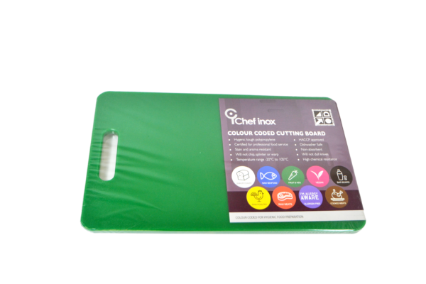 Polypropylene Cutting Board With Handle - 230x380x12mm, Green from Chef Inox. made out of Polypropylene and sold in boxes of 6. Hospitality quality at wholesale price with The Flying Fork!