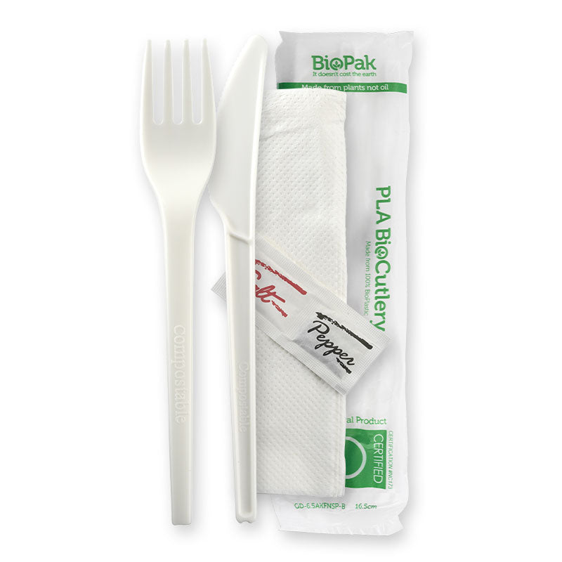 Biopak Wrap Knife, Fork, Napkin, Salt And Pepper Set - White, 6.5 inches (Box of 250) from BioPak. Compostable, made out of Bioplastic and sold in boxes of 1. Hospitality quality at wholesale price with The Flying Fork!