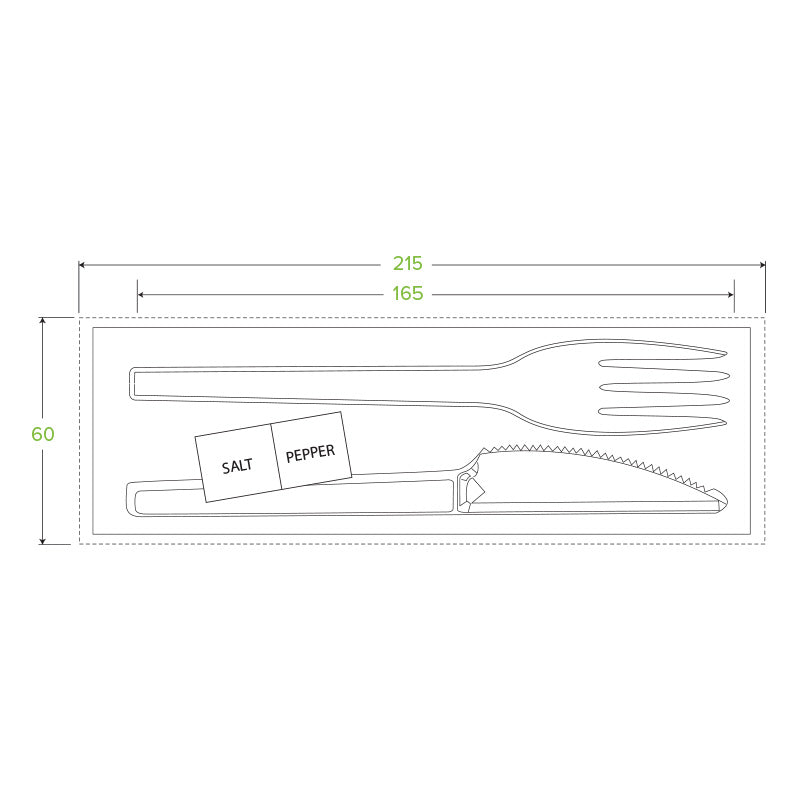 16.5cm (6.5") PLA knife, fork, napkin, salt and pepper set - white - BioPak branded wrap - Carton of 250 units