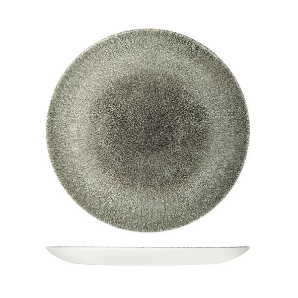 Round Plate - Coupe, 288mm, Raku Quartz Black from Churchill. Textured, made out of Porcelain and sold in boxes of 6. Hospitality quality at wholesale price with The Flying Fork!