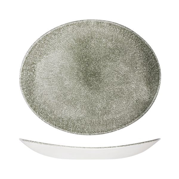 Oval Plate - Coupe, 317 x 255mm, Raku Quartz Black from Churchill. Textured, made out of Porcelain and sold in boxes of 6. Hospitality quality at wholesale price with The Flying Fork!