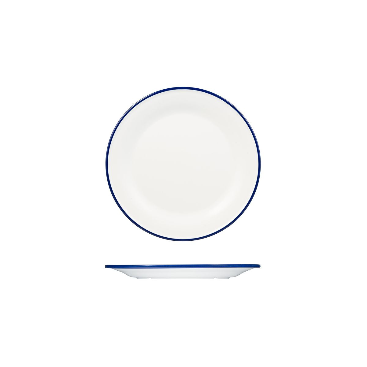 Round Plate, 220mm, Melamine - White & Blue from Ryner Melamine. Sold in boxes of 12. Hospitality quality at wholesale price with The Flying Fork!