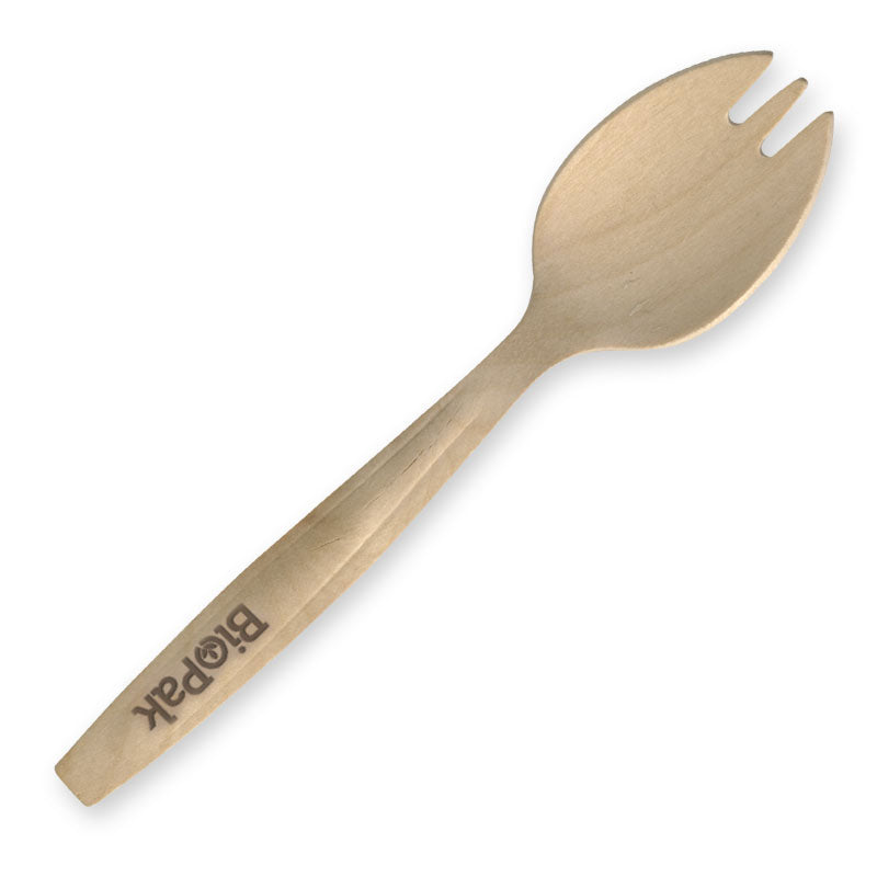 FSC Wood Spork - 16cm (Box of 1000) from BioPak. Compostable, made out of Wood and sold in boxes of 1. Hospitality quality at wholesale price with The Flying Fork!