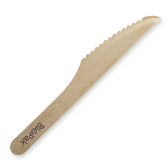 FSC Wood Knife - 16cm (Box of 1000) from BioPak. Compostable, made out of Wood and sold in boxes of 1. Hospitality quality at wholesale price with The Flying Fork!