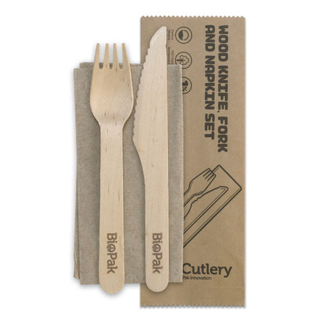 FSC Wood Knife, Fork And Napkin Set - Coated, 16cm (Box of 400) from BioPak. Compostable, made out of Wood and sold in boxes of 1. Hospitality quality at wholesale price with The Flying Fork!