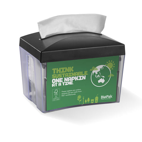 Table Top Single Saver Biodispensers (Box of 8) from BioPak. Compostable, made out of PET Plastic and sold in boxes of 1. Hospitality quality at wholesale price with The Flying Fork!
