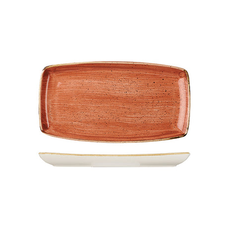 Oblong Plate - 295 x 150mm, Spiced Orange, Stonecast from Churchill. Vitrified, made out of Porcelain and sold in boxes of 6. Hospitality quality at wholesale price with The Flying Fork!