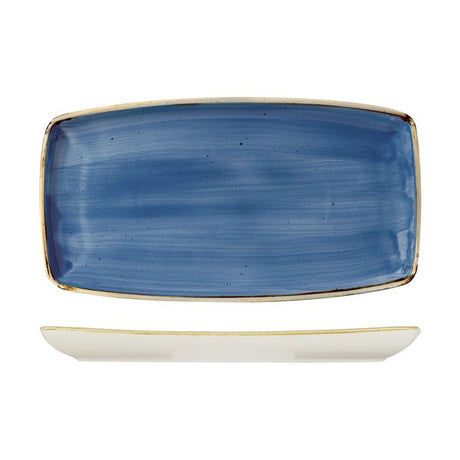 Oblong Plate - 350mmx185mm, Cornflower Blue, Stonecast from Churchill. Vitrified, made out of Porcelain and sold in boxes of 3. Hospitality quality at wholesale price with The Flying Fork!