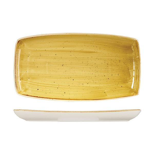 Oblong Plate - 350mm x 185mm, Mustard Seed Yellow, Stonecast from Churchill. Vitrified, made out of Porcelain and sold in boxes of 3. Hospitality quality at wholesale price with The Flying Fork!
